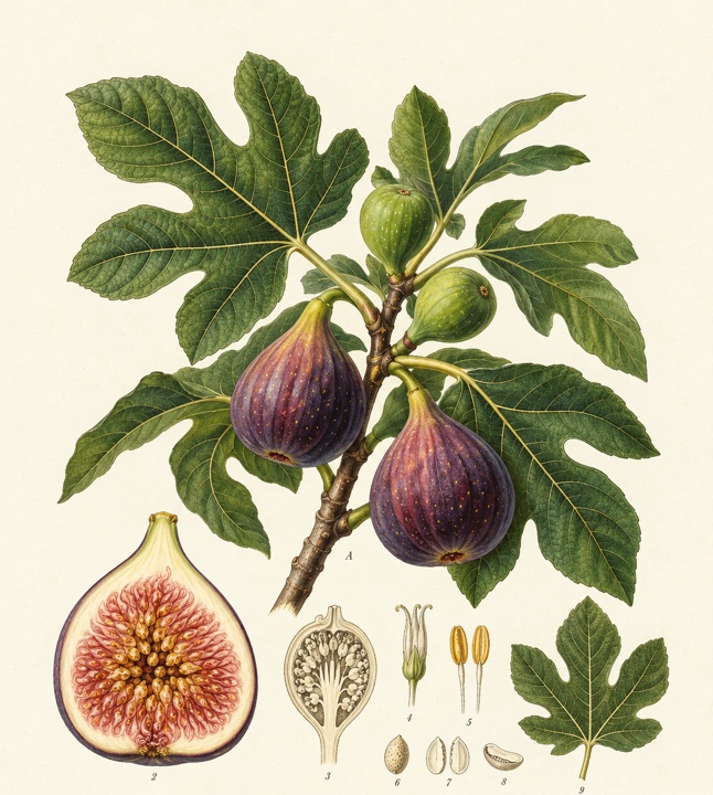 Botanical illustration of a fig branch, leaves, and ripe fruit