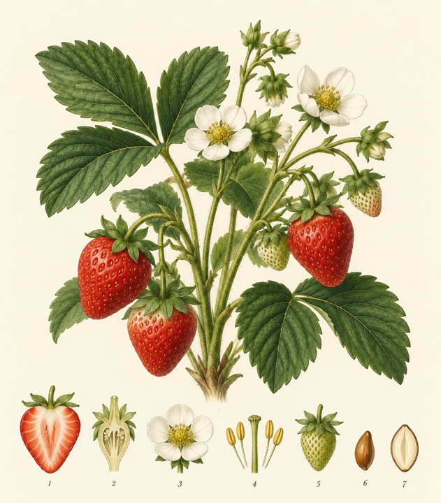 Botanical study of strawberry flowers, leaves, and red fruit